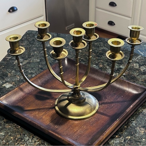 Vintage Solid Brass Mid Century Candelabra  | Menorah 7 Arm Candle Holder - Picture 7 of 9